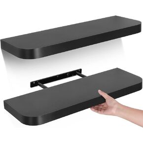 Gronda Black Floating Shelves for Wall, 24 Inch Wall Mounted Wood Shelf Set of 2, Modern Home Decor Storage Large Shelf Long Heavy Duty for Bathroom, Bedroom, Kitchen, Office, Living Room