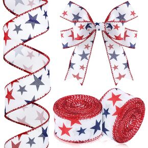 Xunyee 2 Rolls 20 Yards Red White Blue Ribbon Independence Day Stars Wired Edge Ribbon Fabric Patriotic Flag 4th of July Patriot Day Labor Day Ribbon for DIY Craft Party Wreath Decoration(1.5 Inch)