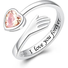 925 Sterling Silver Hug Ring for Women Teen Girls I Love You Gifts for Her 12 Birthstones CZ Adjustable Ring Jewelry Mothers Day Birthday Holiday Gifts