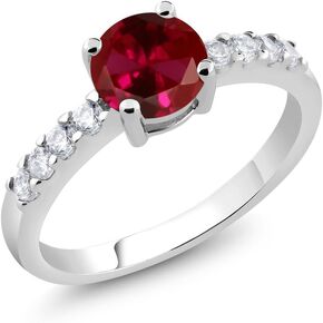 Gem Stone King Red Created Ruby Engagement Anniversary Promise Ring For Women,Girls (1.24 Cttw, Gemstone July Birthstone, Round 7MM, Available in Size 5,6,7,8,9)