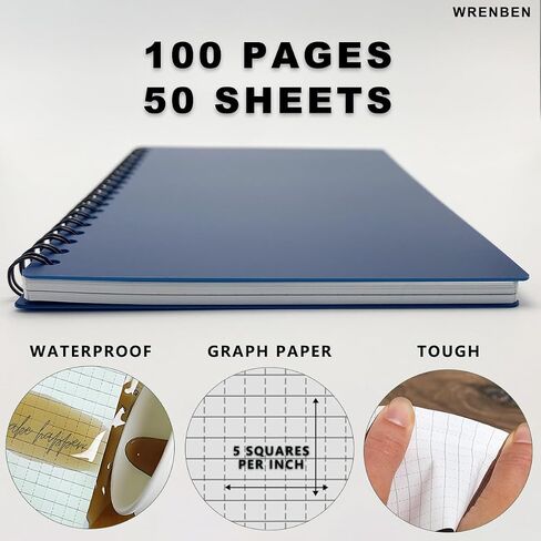 2PCS Waterproof Spiral Notebooks with Stone Paper and PVC Cover, Graph Pattern Weatherproof Notepad 100 Pages, Medium Size All-Weather Steno Pads for Outdoor Field (4.8"x7", Blue) in Saudi Arabia