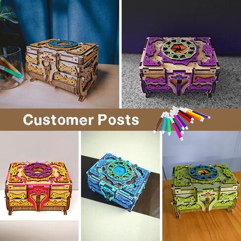 3D Wooden Puzzle for Adults, 3D Puzzle Antique Wooden Box Model Kits with Markers for Kids, Jewelry Box, Mechanical Treasure Box DIY Craft Kits Birthday for Adults/Teens Home Décor in Kuwait
