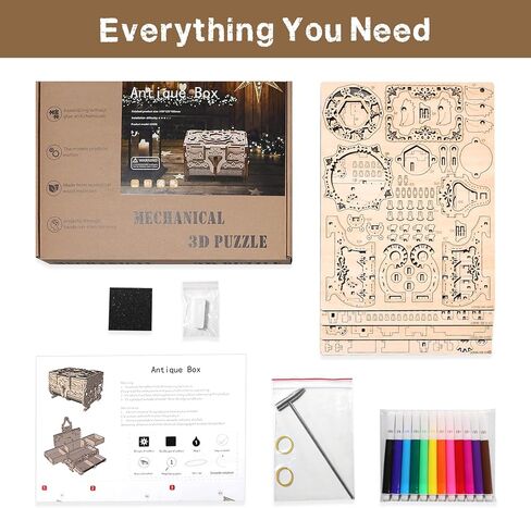 3D Wooden Puzzle for Adults, 3D Puzzle Antique Wooden Box Model Kits with Markers for Kids, Jewelry Box, Mechanical Treasure Box DIY Craft Kits Birthday for Adults/Teens Home Décor in Kuwait