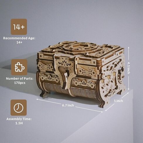 3D Wooden Puzzle for Adults, 3D Puzzle Antique Wooden Box Model Kits with Markers for Kids, Jewelry Box, Mechanical Treasure Box DIY Craft Kits Birthday for Adults/Teens Home Décor in Kuwait