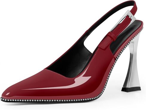 Women's Closed Toe High Heel Slingback Beaded Pumps Sexy Buckle Strap Square Toe Slip On Patent Leather Dress Shoes in Saudi Arabia