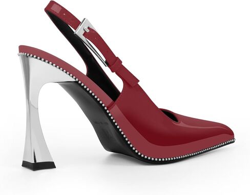 Women's Closed Toe High Heel Slingback Beaded Pumps Sexy Buckle Strap Square Toe Slip On Patent Leather Dress Shoes in Saudi Arabia