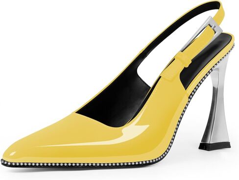 Women's Closed Toe High Heel Slingback Beaded Pumps Sexy Buckle Strap Square Toe Slip On Patent Leather Dress Shoes in Saudi Arabia