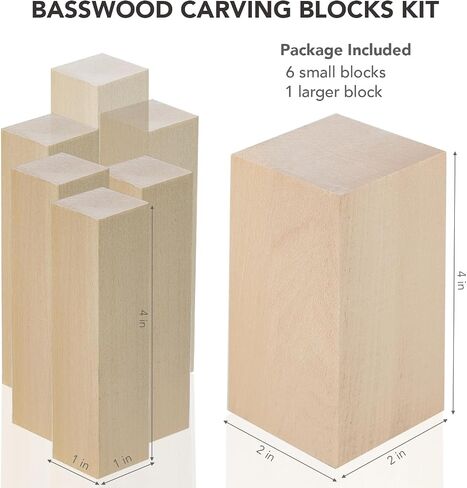 Basswood Carving Blocks, 7PCS Wooden Blocks Unfinished, Smooth Bass Wood for Carving Whittling Wood Carving Kit for Crafts, Carving Blocks for Kids Adults (4x1x1, 4x2x2 inches) in Saudi Arabia
