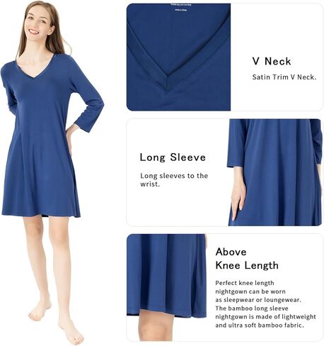 Bamboo Nightgowns for Women Soft Night Shirt Sleepwear Long Sleeve Lightweight Plus Size Sleepshirts in Kuwait