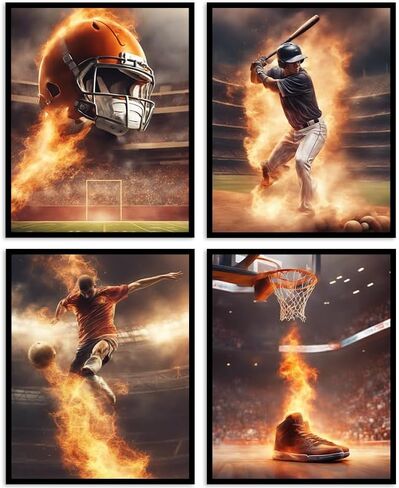 Selesmir Design Sports Themed Wall Art Print Posters For Boys Bedroom Decor Unframed Set of 4 (8x10 Inches) Basketball Baseball Soccer American Football Poster in Saudi Arabia