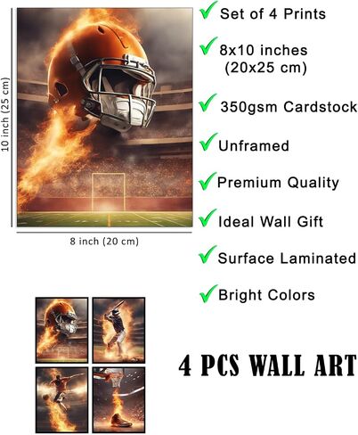 Selesmir Design Sports Themed Wall Art Print Posters For Boys Bedroom Decor Unframed Set of 4 (8x10 Inches) Basketball Baseball Soccer American Football Poster in Saudi Arabia