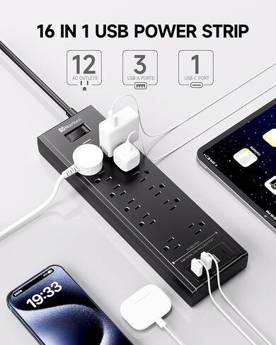 شريط طاقة مع سلك تمديد مسطح بطول 12 قدمًا، وواقي من التيار الزائد مع 12 منفذًا و4 منافذ USB، (منفذ USB C واحد) أسود in Kuwait