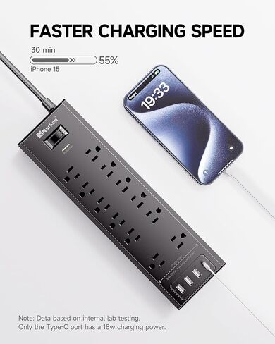 شريط طاقة مع سلك تمديد مسطح بطول 12 قدمًا، وواقي من التيار الزائد مع 12 منفذًا و4 منافذ USB، (منفذ USB C واحد) أسود in Kuwait