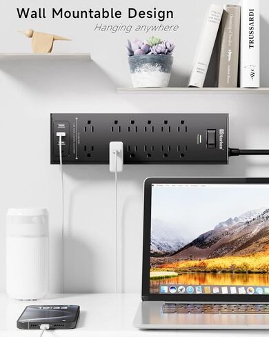 شريط طاقة مع سلك تمديد مسطح بطول 12 قدمًا، وواقي من التيار الزائد مع 12 منفذًا و4 منافذ USB، (منفذ USB C واحد) أسود in Kuwait