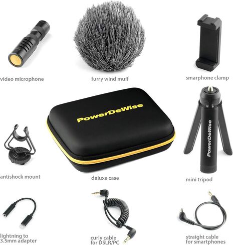 ميكروفون PowerDeWise Universal احترافي مثبت على الكاميرا مع حامل ثلاثي القوائم وملحقات - ميكروفون صغير الحجم لكاميرا DSLR متوافق مع الهواتف الذكية iPhone Android in Kuwait