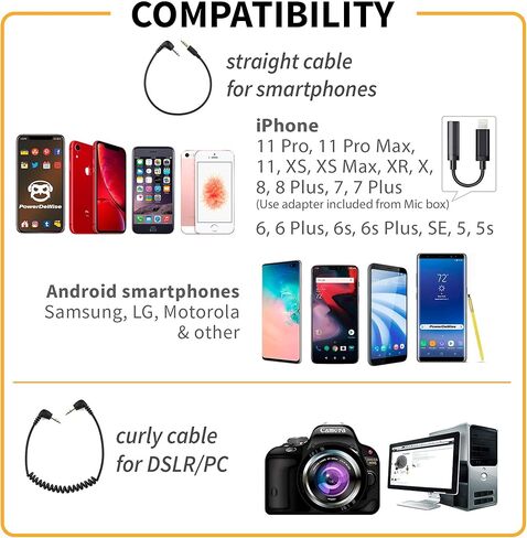 ميكروفون PowerDeWise Universal احترافي مثبت على الكاميرا مع حامل ثلاثي القوائم وملحقات - ميكروفون صغير الحجم لكاميرا DSLR متوافق مع الهواتف الذكية iPhone Android in Kuwait