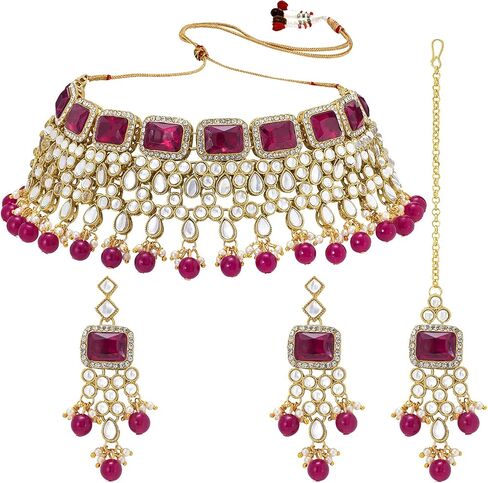 Aheli Kundan and Simulated Colored Stones Indian Ethnic Maang Tikka Necklace and Earrings Set Bollywood Festive Statement Jewelry for Women & Girls in Saudi Arabia