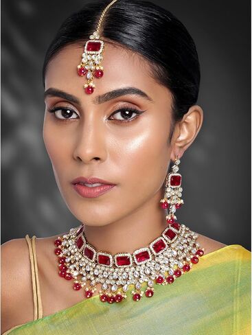 Aheli Kundan and Simulated Colored Stones Indian Ethnic Maang Tikka Necklace and Earrings Set Bollywood Festive Statement Jewelry for Women & Girls in Saudi Arabia
