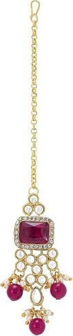 Aheli Kundan and Simulated Colored Stones Indian Ethnic Maang Tikka Necklace and Earrings Set Bollywood Festive Statement Jewelry for Women & Girls in Saudi Arabia