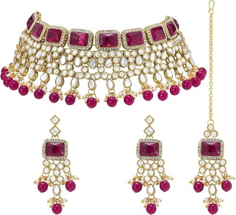 Aheli Kundan and Simulated Colored Stones Indian Ethnic Maang Tikka Necklace and Earrings Set Bollywood Festive Statement Jewelry for Women & Girls in Saudi Arabia