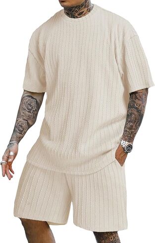 COZYEASE Men's 2 Piece Outfits Short Sleeve Crewneck Summer T Shirt and Drawstring Casual Track Shorts Set in Saudi Arabia