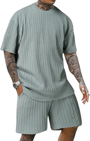 COZYEASE Men's 2 Piece Outfits Short Sleeve Crewneck Summer T Shirt and Drawstring Casual Track Shorts Set in Saudi Arabia