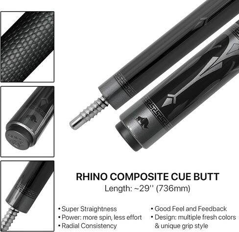 RHINO Eclipse Pool Cue - رمادي (مفصل نصف قطري) - 12.8 مم، قطر الطرف 12.4 مم. استقامة. عمود من ألياف الكربون بنسبة 100% ومؤخرة مركبة. قبضة جلد من الألياف الدقيقة. تفتق برو in Kuwait