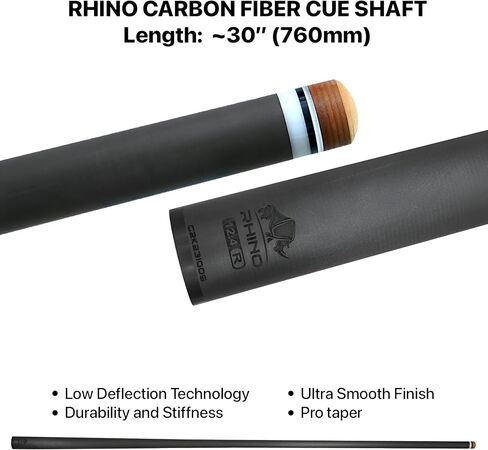 RHINO Eclipse Pool Cue - رمادي (مفصل نصف قطري) - 12.8 مم، قطر الطرف 12.4 مم. استقامة. عمود من ألياف الكربون بنسبة 100% ومؤخرة مركبة. قبضة جلد من الألياف الدقيقة. تفتق برو in Kuwait