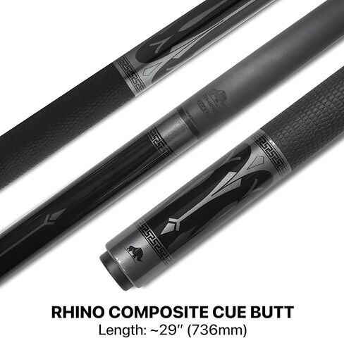 RHINO Eclipse Pool Cue - رمادي (مفصل نصف قطري) - 12.8 مم، قطر الطرف 12.4 مم. استقامة. عمود من ألياف الكربون بنسبة 100% ومؤخرة مركبة. قبضة جلد من الألياف الدقيقة. تفتق برو in Kuwait