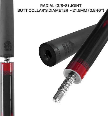 RHINO Eclipse Pool Cue - أحمر (مفصل نصف قطري) - 12.8 مم، قطر الطرف 12.4 مم. استقامة. عمود من ألياف الكربون بنسبة 100% ومؤخرة مركبة. قبضة جلد من الألياف الدقيقة. تفتق برو in Kuwait