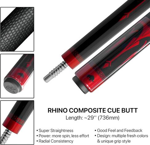 RHINO Eclipse Pool Cue - أحمر (مفصل نصف قطري) - 12.8 مم، قطر الطرف 12.4 مم. استقامة. عمود من ألياف الكربون بنسبة 100% ومؤخرة مركبة. قبضة جلد من الألياف الدقيقة. تفتق برو in Kuwait