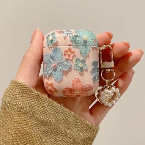 حافظات لطيفة لسماعات AirPods مع قلادة لؤلؤ على شكل قلب، تصميم زهرة زيتية ملونة بتصميم عتيق، غطاء حماية ناعم لحافظة AirPods الجيل الثاني والأول in Saudi Arabia