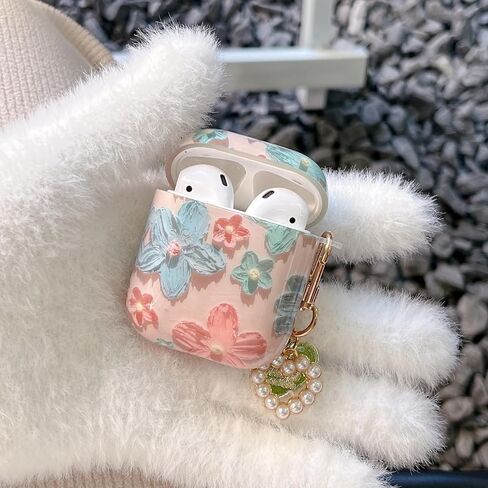 حافظات لطيفة لسماعات AirPods مع قلادة لؤلؤ على شكل قلب، تصميم زهرة زيتية ملونة بتصميم عتيق، غطاء حماية ناعم لحافظة AirPods الجيل الثاني والأول in Saudi Arabia