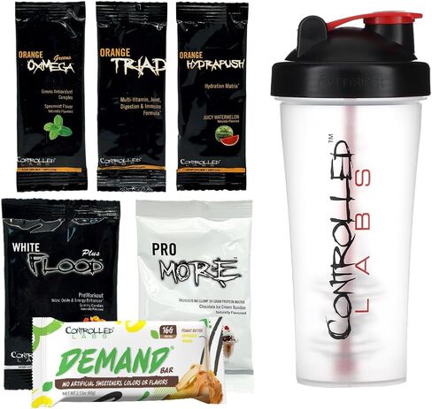 مجموعة عينات CONTROLLED LABS - خدمة فردية - White Flood Plus، بروتين PROmore، Orange HydraPush، غسيل الدماغ البرتقالي، Orange Triad، Oximega Greens، Green Magnitude، شريط الطلب، زجاجة الخلاط in Kuwait