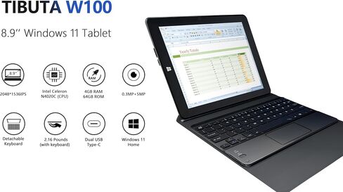 كمبيوتر لوحي 8.9 بوصة يعمل بنظام Windows 11، كمبيوتر محمول صغير مع نظام Windows، وحدة المعالجة المركزية N4020، ذاكرة وصول عشوائي 4 جيجابايت + ذاكرة تخزين داخلية 64 جيجابايت، شاشة عرض FHD 2048 × 1536 كمبيوتر لوحي مع لوحة مفاتيح وحقيبة جلدية. in Kuwait