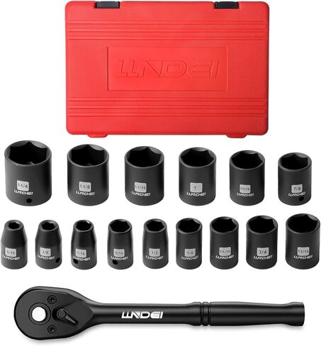 مجموعة مقابس تأثير محرك LLNDEI مقاس 1/2 بوصة، 16 قطعة مترية ضحلة مع مفتاح سقاطة سريع التحرير 10 بوصة 72T، 6 مقابس نقاط 10-32 مم، فولاذ CR-V، لمسة نهائية من الفوسفات الأسود in Kuwait