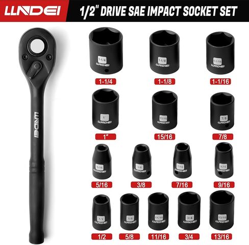 مجموعة مقابس تأثير محرك LLNDEI مقاس 1/2 بوصة، 16 قطعة مترية ضحلة مع مفتاح سقاطة سريع التحرير 10 بوصة 72T، 6 مقابس نقاط 10-32 مم، فولاذ CR-V، لمسة نهائية من الفوسفات الأسود in Kuwait
