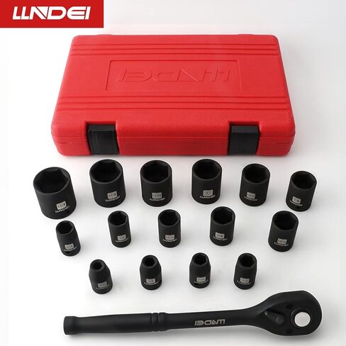 مجموعة مقابس تأثير محرك LLNDEI مقاس 1/2 بوصة، 16 قطعة مترية ضحلة مع مفتاح سقاطة سريع التحرير 10 بوصة 72T، 6 مقابس نقاط 10-32 مم، فولاذ CR-V، لمسة نهائية من الفوسفات الأسود in Kuwait