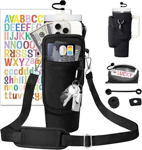 Cup Carrier Holder Bag with Stanley Strap, Metal Hook Loop, Stickers Cup Cover Tumbler Accessories for 40 oz Stanley, Water Bottle Pouch Holder Sling Crossbody Bag with Strap Walking (Cream) in Saudi Arabia