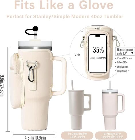 Cup Carrier Holder Bag with Stanley Strap, Metal Hook Loop, Stickers Cup Cover Tumbler Accessories for 40 oz Stanley, Water Bottle Pouch Holder Sling Crossbody Bag with Strap Walking (Cream) in Saudi Arabia