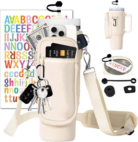 Cup Carrier Holder Bag with Stanley Strap, Metal Hook Loop, Stickers Cup Cover Tumbler Accessories for 40 oz Stanley, Water Bottle Pouch Holder Sling Crossbody Bag with Strap Walking (Cream) in Saudi Arabia