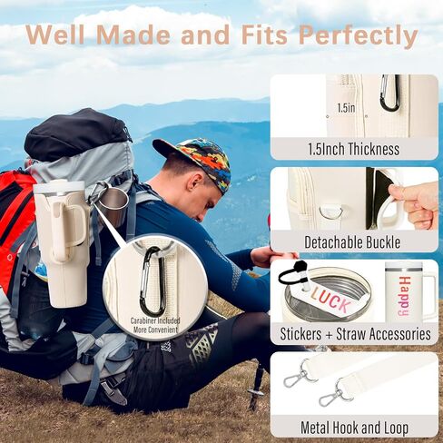 Cup Carrier Holder Bag with Stanley Strap, Metal Hook Loop, Stickers Cup Cover Tumbler Accessories for 40 oz Stanley, Water Bottle Pouch Holder Sling Crossbody Bag with Strap Walking (Cream) in Saudi Arabia