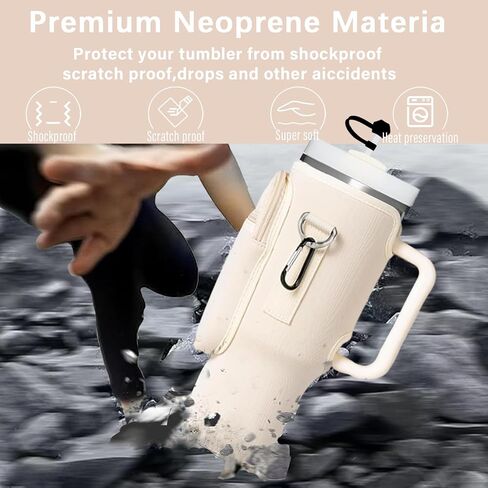 Cup Carrier Holder Bag with Stanley Strap, Metal Hook Loop, Stickers Cup Cover Tumbler Accessories for 40 oz Stanley, Water Bottle Pouch Holder Sling Crossbody Bag with Strap Walking (Cream) in Saudi Arabia