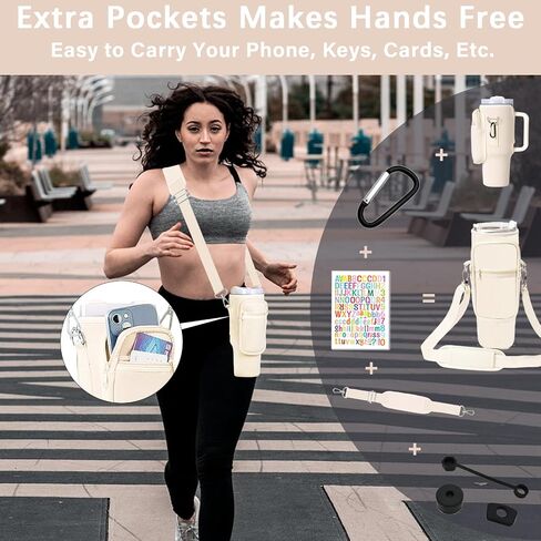 Cup Carrier Holder Bag with Stanley Strap, Metal Hook Loop, Stickers Cup Cover Tumbler Accessories for 40 oz Stanley, Water Bottle Pouch Holder Sling Crossbody Bag with Strap Walking (Cream) in Saudi Arabia