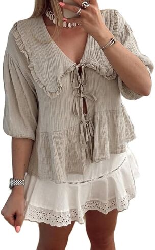 Women Y2k Puff Sleeve Peplum Shirts Bow Tie Front Blouse Flared Ruffle Hem Babydoll Tops Cute Summer Shirts in Saudi Arabia