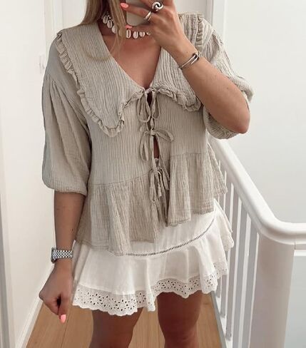 Women Y2k Puff Sleeve Peplum Shirts Bow Tie Front Blouse Flared Ruffle Hem Babydoll Tops Cute Summer Shirts in Saudi Arabia