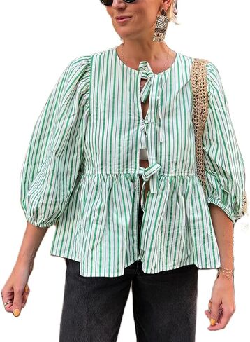 Women Y2k Puff Sleeve Peplum Shirts Bow Tie Front Blouse Flared Ruffle Hem Babydoll Tops Cute Summer Shirts in Saudi Arabia