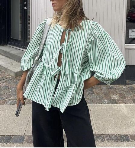 Women Y2k Puff Sleeve Peplum Shirts Bow Tie Front Blouse Flared Ruffle Hem Babydoll Tops Cute Summer Shirts in Saudi Arabia