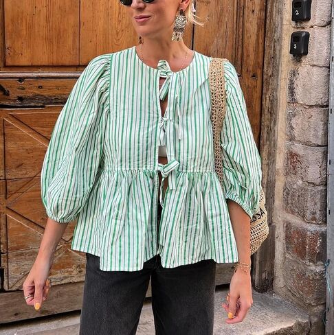 Women Y2k Puff Sleeve Peplum Shirts Bow Tie Front Blouse Flared Ruffle Hem Babydoll Tops Cute Summer Shirts in Saudi Arabia