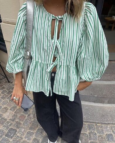 Women Y2k Puff Sleeve Peplum Shirts Bow Tie Front Blouse Flared Ruffle Hem Babydoll Tops Cute Summer Shirts in Saudi Arabia